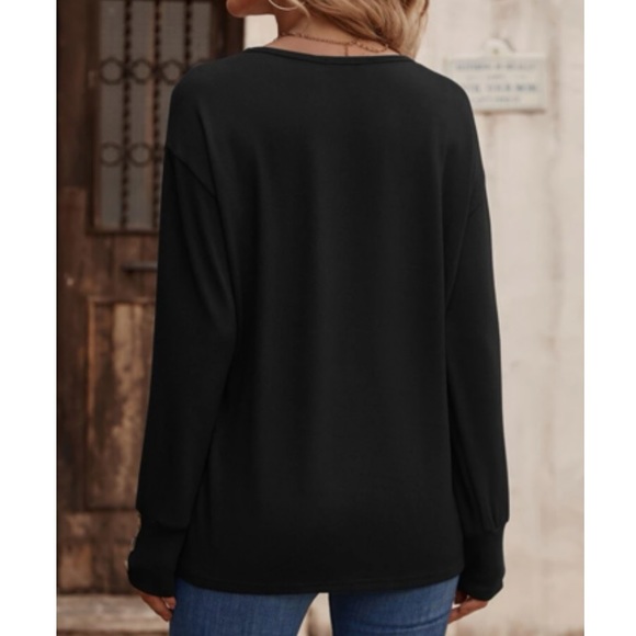 Black button cuff V neck top - Picture 3 of 6